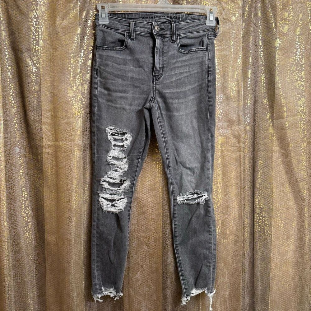 American Eagle Lightning Gray Distressed Super High-Waisted Jegging 4 Short